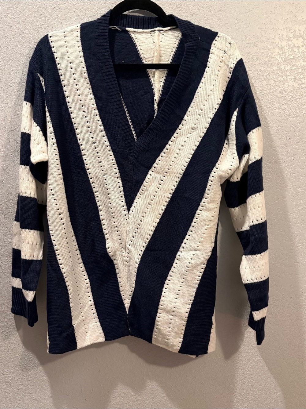 White and Blue Striped V-Neck Oversized Sweater, NWOT, Size XL